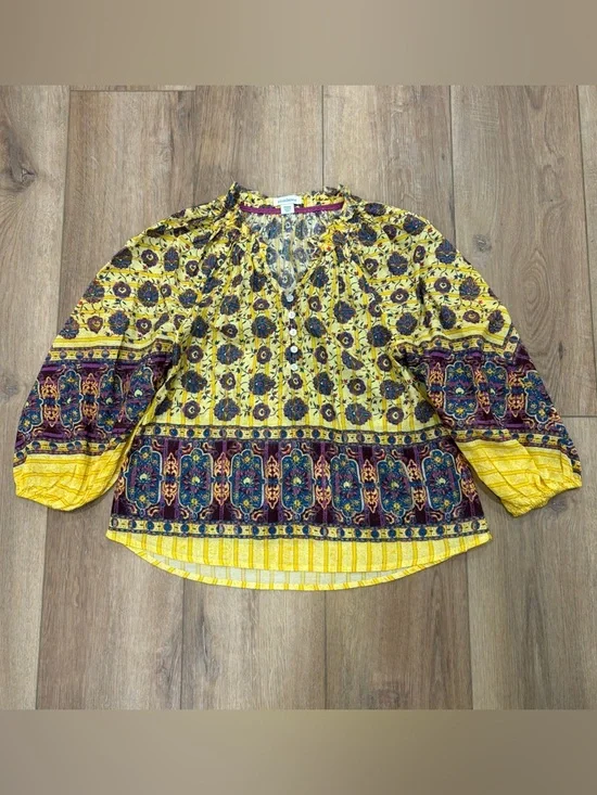 🌟SUNDANCE🌟BOHO PRINTED BORDER PRINT PEASANT BLOUSE YELLOW SZ XXS P - Picture 2 of 10